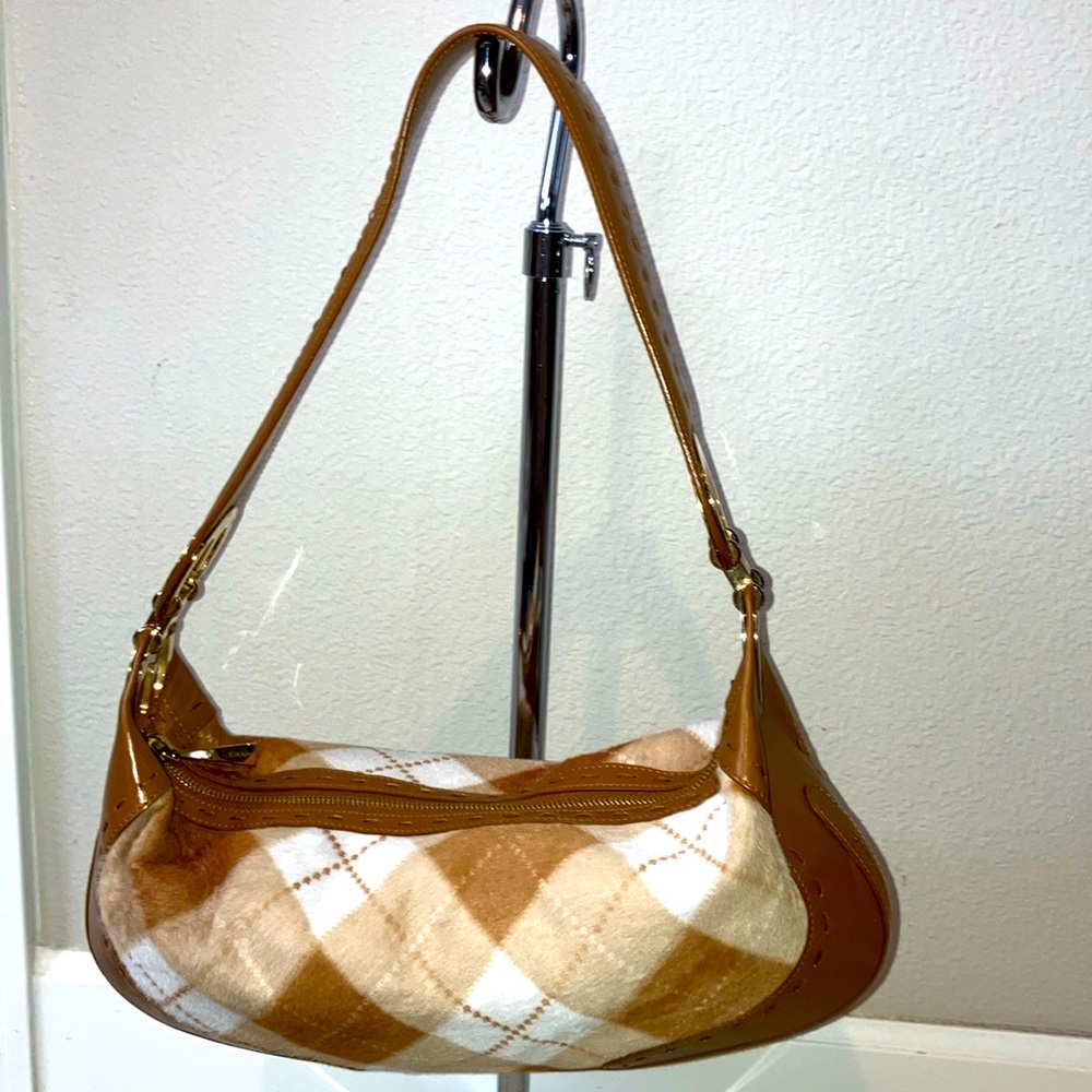 Escada Argule Camel Tan White Calf hair Leather Luna Handbag